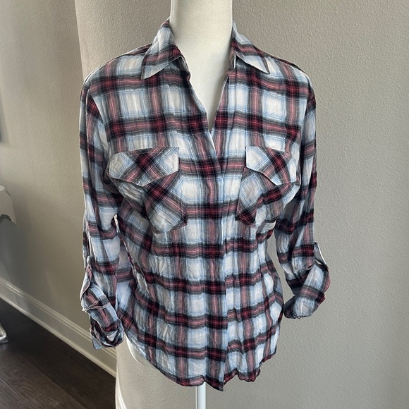 Sam Edelman-Split Hem Plaid Shirt with Zip Shoulder Detail - Picture 1 of 9